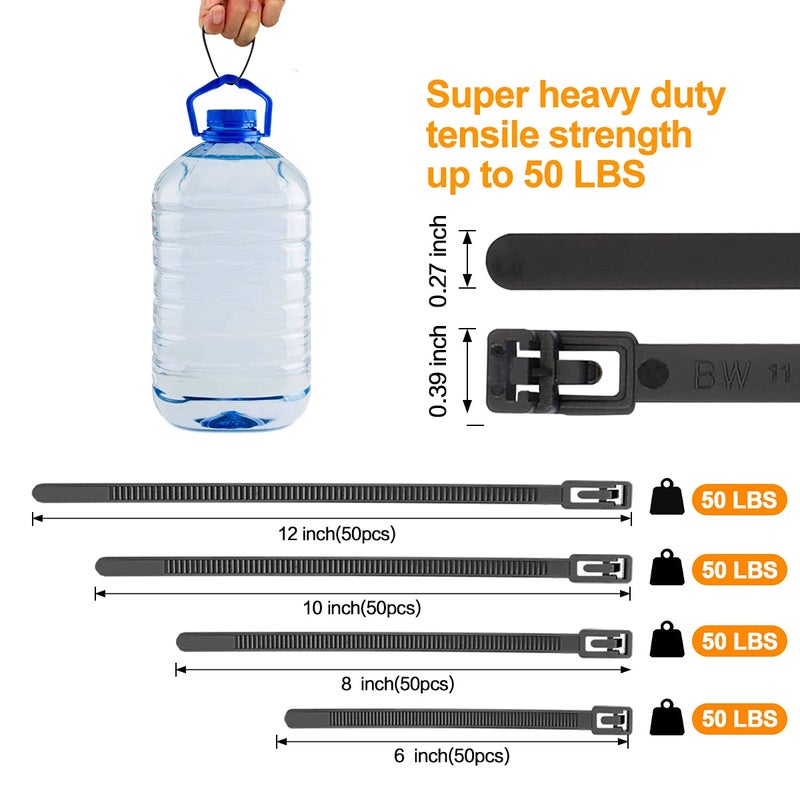 SOOOEC 200 Pack Reusable Zip Ties Assorted Sizes 6+8+10+12 inch UV Resistant, Black Zip Ties Heavy Duty Outdoor Releasable Round Ending No Hurt, Cable Ties Reusable Tie Wraps Indoor Non Slip Off - Image 2